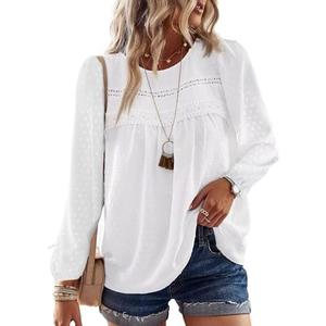 Falechay Womens Fall Tops Crewneck Long Sleeve Shirts Casual Chiffon Blouses Flowy Lace Hem Boho Clothing Trendy 2025 Size 4 XL