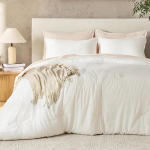 Andency Ivory Queen Size Comforter Set, 3 Pieces Cream Boho Solid Bedding Sets, Modern Reversible Soft Lightweight All Season Bed Set for Men Women (90x90Inch Comforter & 2 Pillowcases)