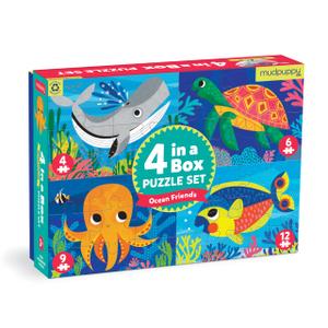 Mudpuppy Ocean Friends 4-in-a-Box Puzzle Set – Includes 4 Fun Jigsaw Puzzles for Kids with 4-12 Pieces – Features Colorful Ocean Illustrations for Ages 2-5