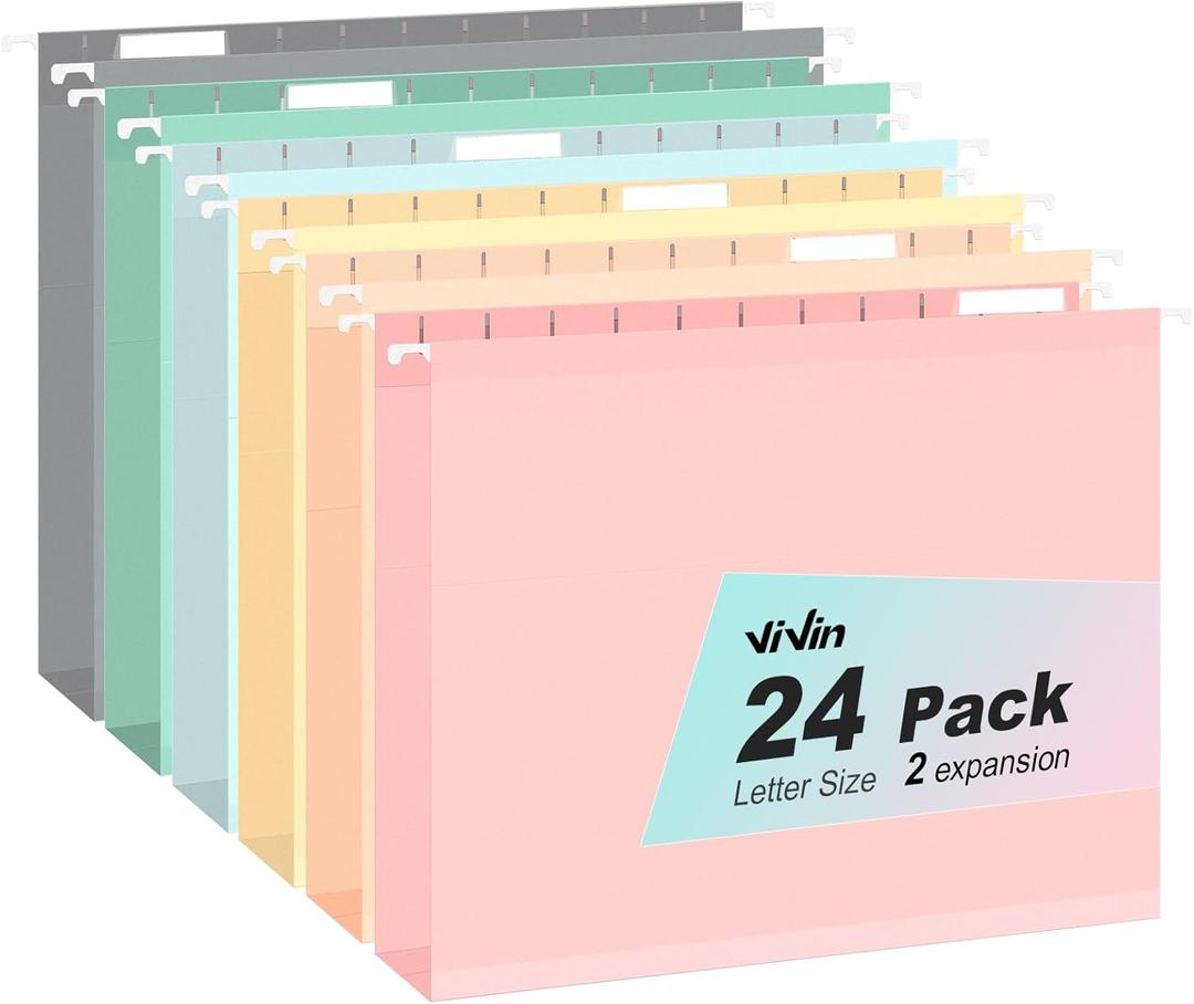 ViVin Hanging File Folders, 1/5-Cut Adjustable Tabs with 24 Per Box, 2 Inch Expansion, 24 Pack Letter Size Hanging File Folders, Designed for Office Home School Filing Cabinet(Assorted)