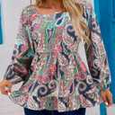 Womens Square Neck Floral Long Sleeve Tops Casual Loose Puff Sleeve Boho Work Blouse T Shirts (Medium, C1002)