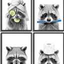 Danseed 4pcs Adorable Raccoon Bathroom Wall Art Modern Black and White Animal Wall Decor Pictures Funny Bathroom Canvas Posters Prints for bathroom Washroom laundry room Decorations Unframed (Racoon)