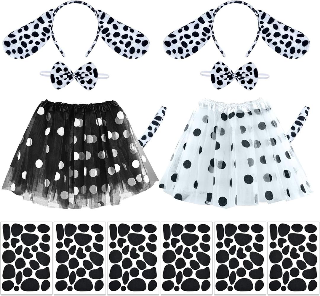 Coopay 14 Pieces Dalmatian Costume Set Spotted Dog Ear Headband, Bow Tie, Tail, Tutu Skirt and Adhesive Felt Stickers Accessories for Halloween Cosplay Costume Dress Up Party Decoration