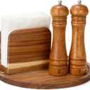 4 Pcs Rustic Farmhouse Decor Set Acacia Wooden Napkin Holder Salt and Pepper Shakers and 12" Round Wood Tray Spice Rack Table Tray for Kitchen Countertop Dining Table Centerpieces (Brown)