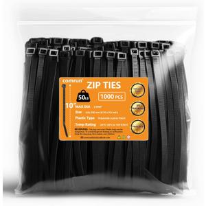 1000pcs 10Inch Nylon Zip Ties, 50 Pounds Tensile Strength, Black Cable Tie,Industrial Grade,UV Resistant,Heavy Duty,for Home,Garden Trellis,Office,Garage and Workshop,