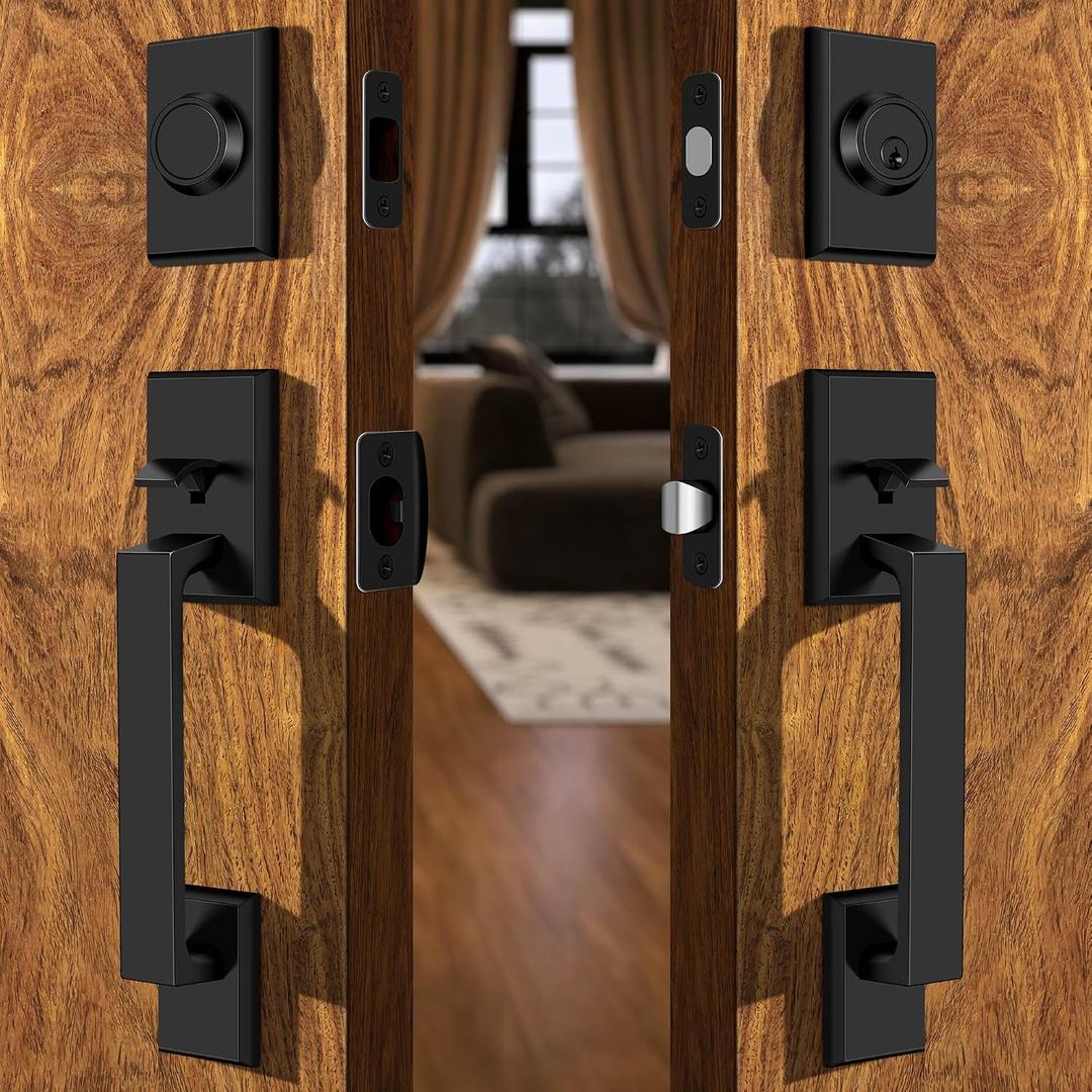 Moquin Double Front Door Lock Set, Matte Black Square Front Door Hardware Set with Dummy, Heavy Duty Door Handle with Deadbolt, Double Entry Door Lock Set with Reversible Handle