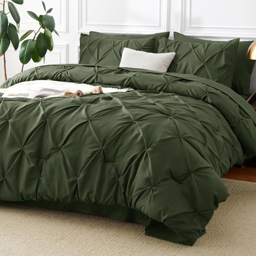 CozyLux Oversized King Comforter Set Olive Green, 7 Pieces Pintuck Bed in A Bag, All Season Bed Set Gift for Family, Pinch Pleat Bedding Sets with Comforter, Sheets, Pillowcases & Shams
