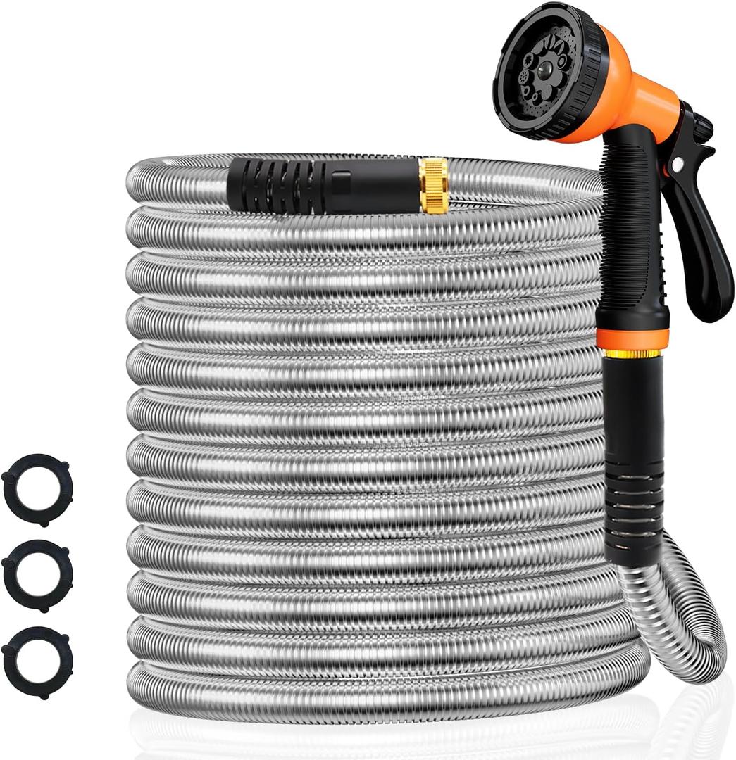 25FT Water Hose, Heavy Duty Stainless Steel Garden Hose with 10 Function Nozzle, Lightweight Metal Hose, No Kink, Leak-proof, Puncture Resistant for Yard, Outdoor, RV