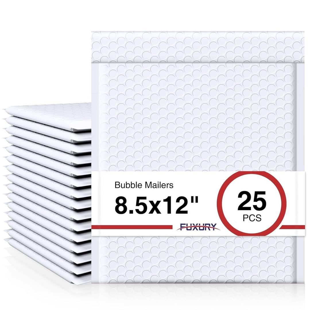 Fuxury Bubble Mailer, 8.5x12 Inch 25 Pack Self-Seal Adhesive Padded Envelopes Usable Size 8.5x11 Inch, Water Resistant Bubble Envelopes for Mailing,Packaging,Small Business,Shipping, White #2