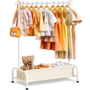 MISSLO Kids Clothing Rack with Basket Small Dress Up Storage Short Toddler Dress Up Rack Kids Closet for Baby Clothes, White (15"D x 32"W x 45"H)