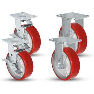 5" X 2" Swivel Caster Heavy Duty Red Polyurethane Wheel on Steel Hub with Brakes (2) and Fixed (2) 4,000lbs Per Set of 4 Tool Box Casters - CasterHQ Brand (5")