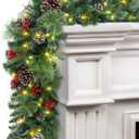 TigeJoy 9FT Prelit Christmas Garland with 100 LED Timer Lights, Snow Dusted Garland with Red Berries, Real Pinecones & PE Branches, 8 Modes 3AA Battery Operated Xmas Decor for Fireplace Doorway Porch