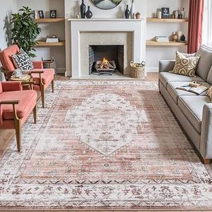 DEXI Area Rugs for Living Room, 8x12 Washable Low Pile Vintage Rug for Bedroom, Non Slip Large Indoor Carpet for Dining Office Nursery, Warm Taupe