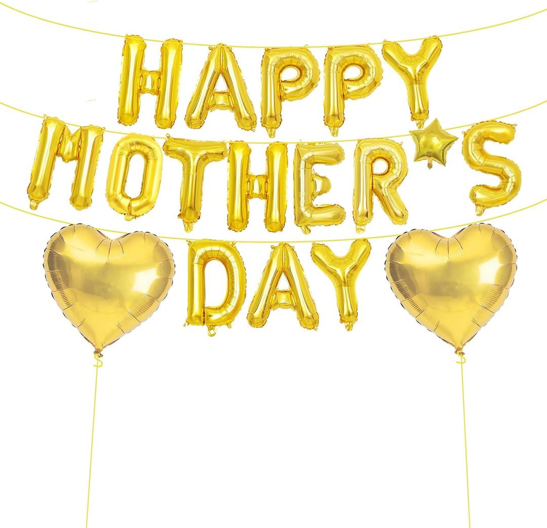 16 Inches HAPPY MOTHER'S DAY Letter Balloons Banner with Star and Heart Foil Balloons - Mylar Foil Alphabet Balloons Sign for Mother's Day Mom Party Decorations, Spring Family Gatherings (Gold)