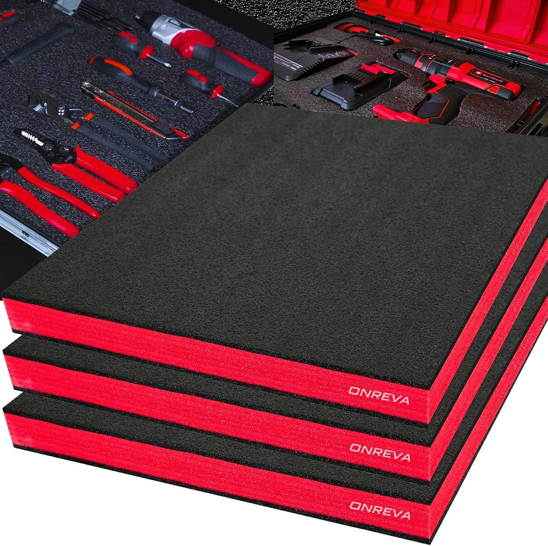 ONREVA Tool Box Foam 22x18x1.5 inch 3Pack, Foam Inserts for Cases, Polyethylene Storage Sheets for Toolbox Hard Case, Tool Shadow Insert, Kaizen Organizer Sheet, Black with Red