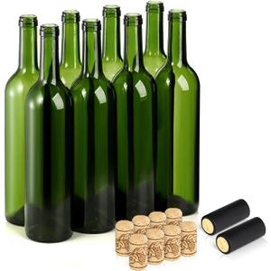 DEAYOU 8 Pack 750ml Bordeaux Wine Bottles, Glass Clear Bottles with 8 Corks and 8 PVC Shrink Capsules, Flat-Bottomed Empty Bottle for Claret, Liquor, Champagne, Juice, Beverages, Decor, Antique Green
