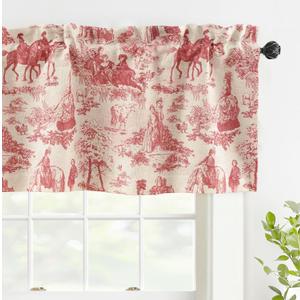 DriftAway Toile Linen Lined Valance Double Layer Thermal Room Darkening Blackout Window Valance Curtain for Kitchen Bathroom Farmhouse French Country Vintage Printed Pattern Single 52 x 18 Inch Red
