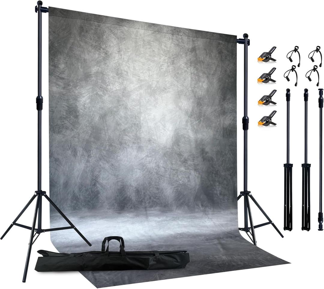 2-in-1 Portable Photo Backdrop Kit with 6x8ft Abstract Background - Includes Adjustable Stand, 8 Clamps & Storage Bag(Grey,6x8ft)