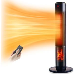 Portable Electric Space Heater for Large Room 37" Ceramic Tower Space Heater with 3D Flame for Room Heating,Oscillating,Remote Control,Tipover &overheating protection for Indoor Use(Black-I)