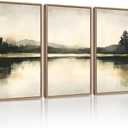 KUVIOKE Watercolor Abstract Mountain Lake Framed Wall Art Brown Landscape Nature Wilderness Painting Nordic Neutral Tan Illustration Decorative Home Decor 16x24in (Natural Framed)