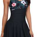 Yonique One Piece Swimsuits for Women Modest Tummy Control Swimdress Vintage Bathing Suits Skirt Swimwear (X-Large, Black Floral)