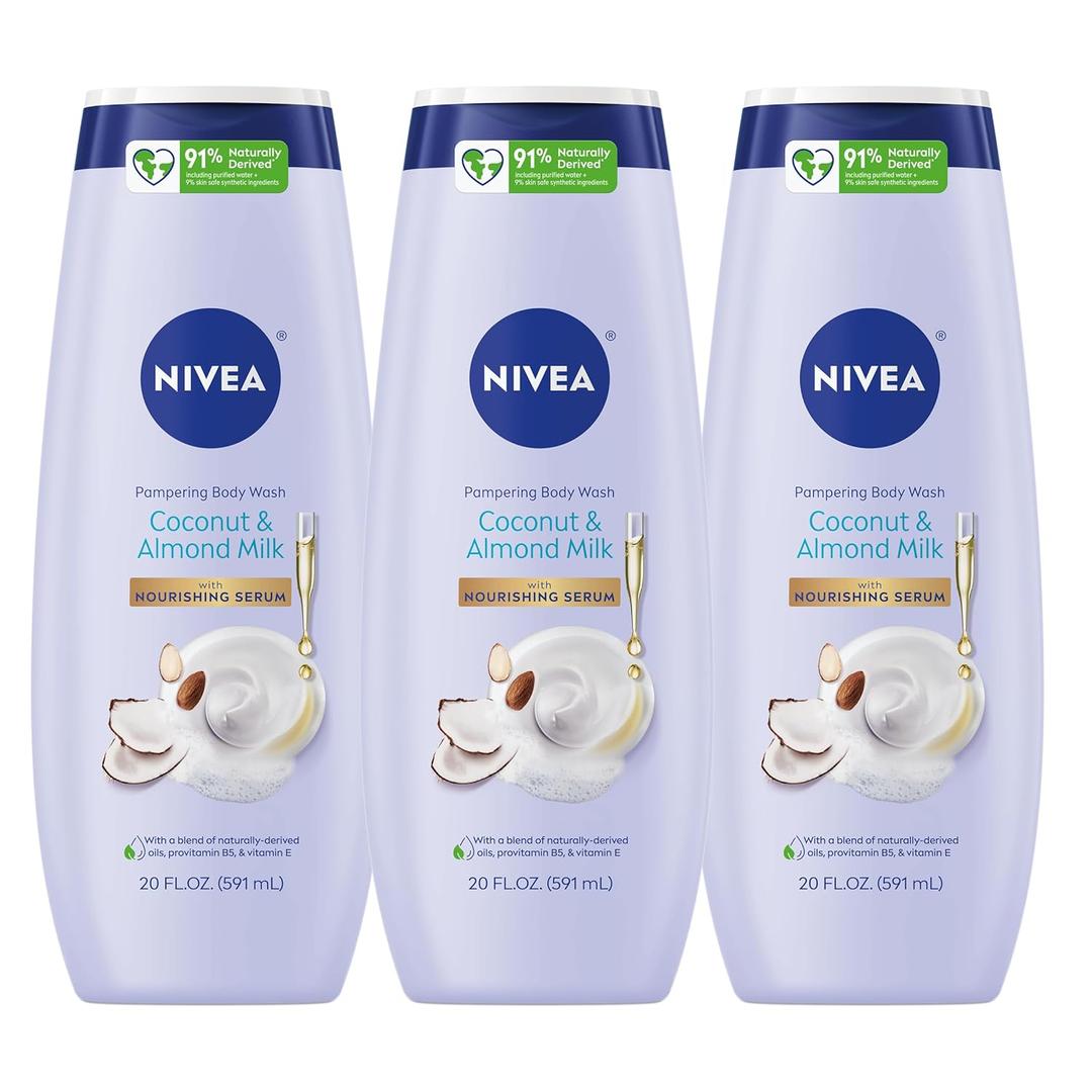 NIVEA Pampering Coconut and Almond Milk Body Wash with Nourishing Serum, Moisturizing Body Wash for Women, Enriched with Provitamin B5 and Vitamin E, 20 Fl Oz Bottle, Pack of 3