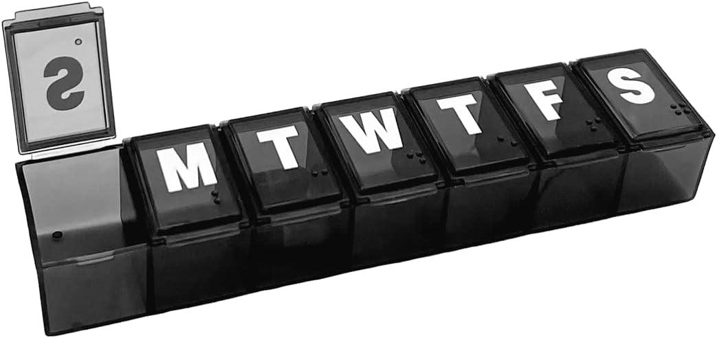 Amazon Basic Care Weekly (7-Day) Pill Organizer, Vitamin Planner, And Medicine Box, Medium Compartments, Black (1 Count (Pack of 1))