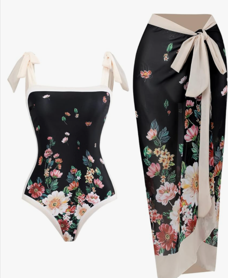 One Piece Swimsuit with Beach Cover up Wrap Skirt Sarong Retro Floral Print Bikini Set Two Piece Bathing Suit, S