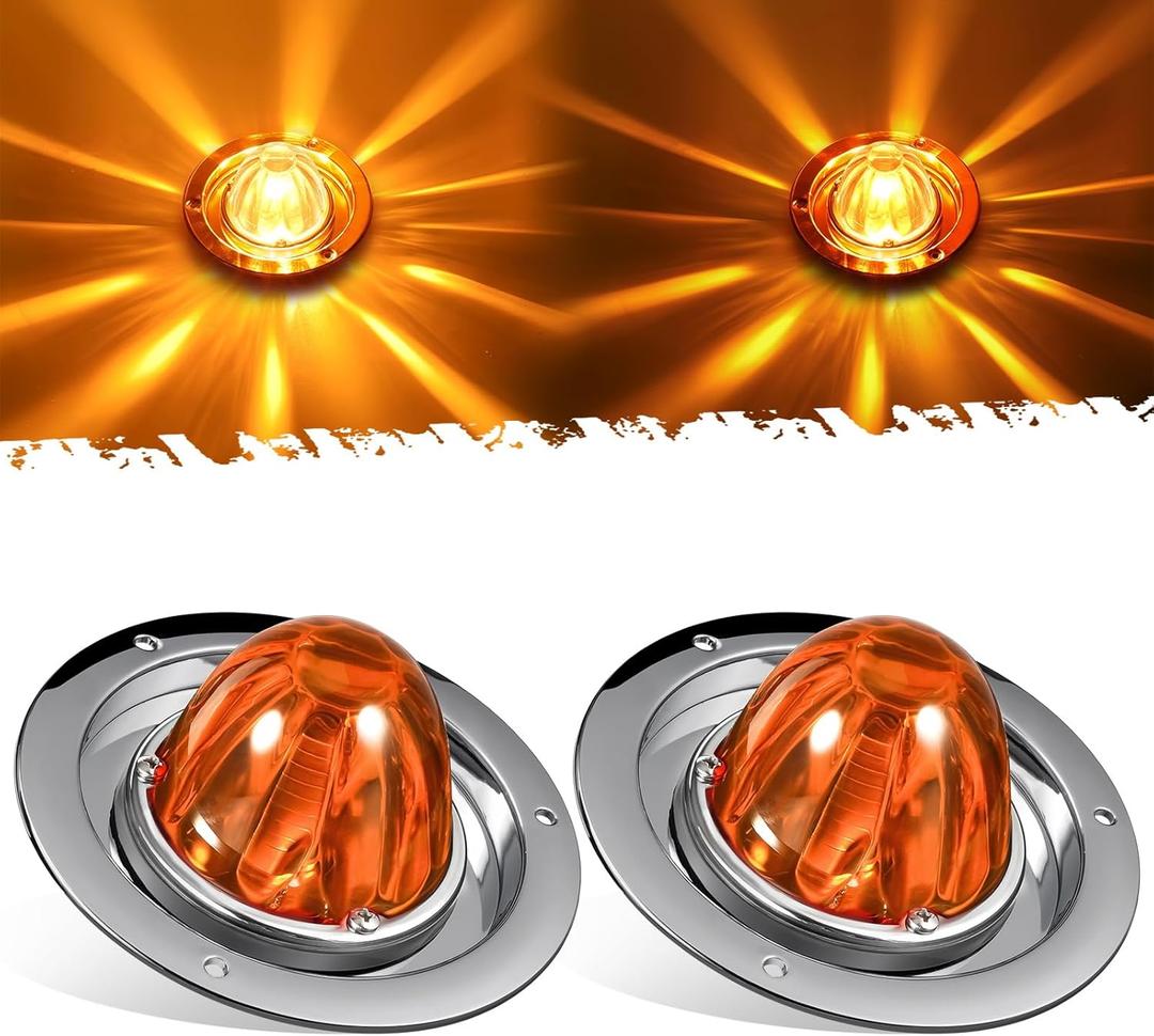 Partsam 2Pcs Amber Glass Lens Watermelon Lights Kit LED Side Marker Turn Signal Lights with Stainless Steel Bezel and Base Replacement for Peterbilt Freightliner Trucks Trailers RVs Motohomes
