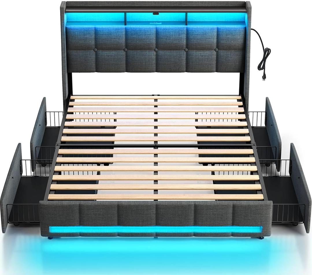 Rolanstar Full Size Bed Frame with LED Lights and Charging Station, Upholstered Bed Storage Headboard & Drawers, Heavy Duty Wood Slats, Easy Assembly (Grey)