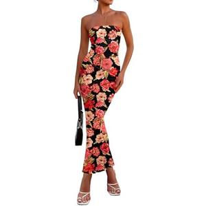 PRETTYGARDEN Women's 2026 Summer Floral Bodycon Maxi Dresses Ribbed Strapless Tube Casual Boho Party Long Dress M