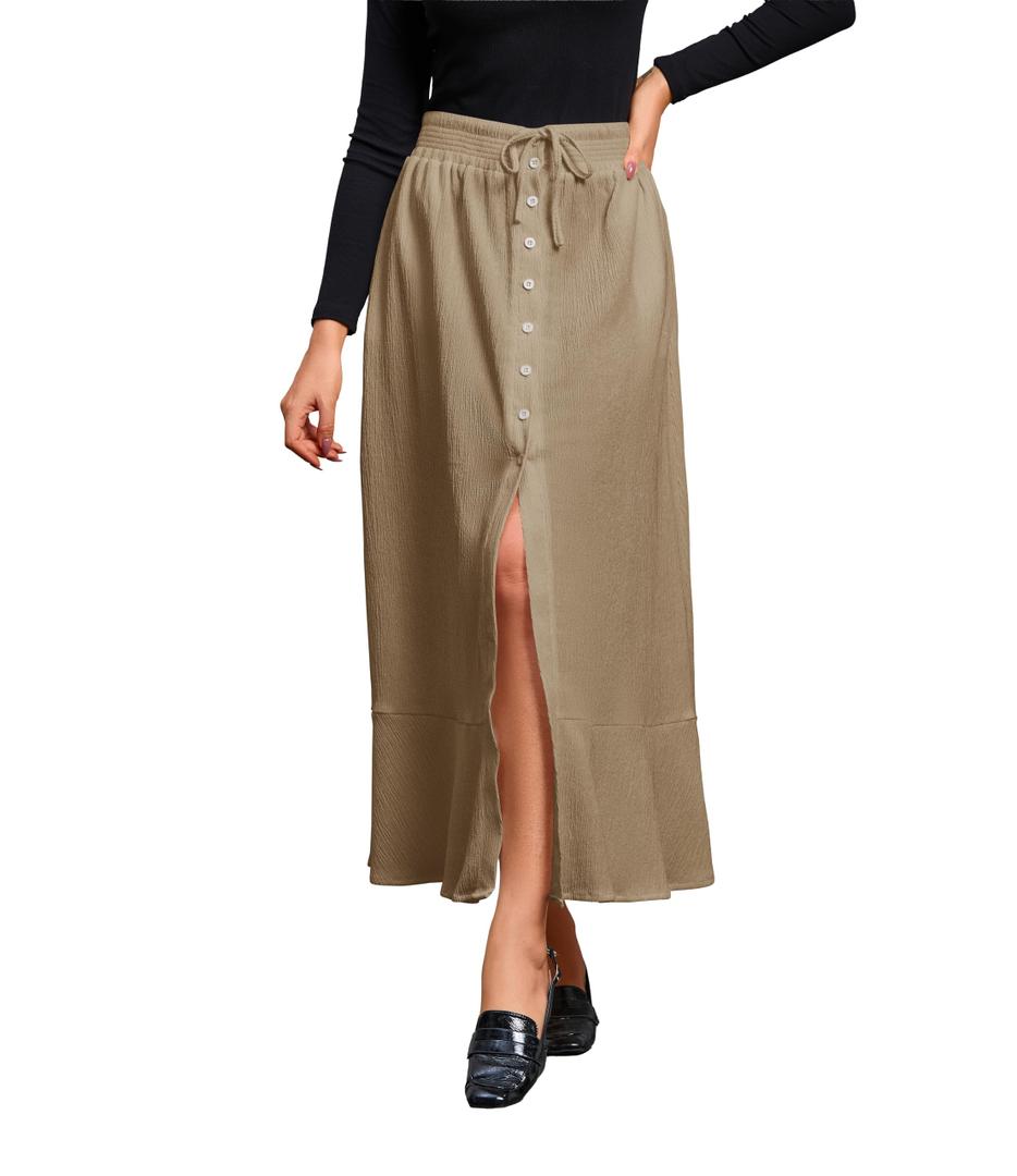 MAKABO Women's Maxi A Line Skirt with Slit, Fall Khaki Ankle Length Skirt Length Tie Outfits for Date Night Vacation, S