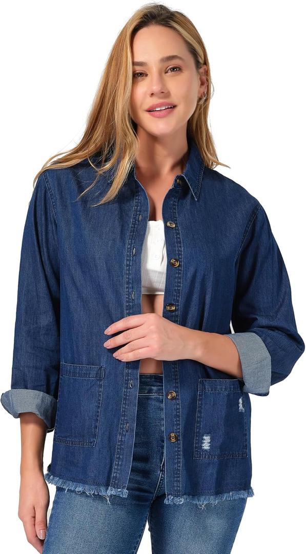 roswear Jean Shirt for Women Button Down Shirts Denim Tops Western Fall Outfits (Blue, L)