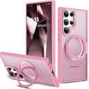 Compatible with Samsung Galaxy S24 Ultra Case with 360Rotatable Magnetic Ring Stand Compatible with Mag-Safe Military Protection Matte Translucent Phone Cases for S24 Ultra 6.8",Pink