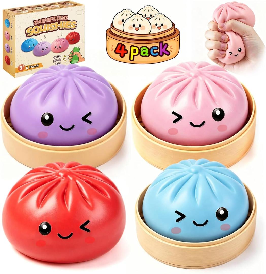Dumpling Squishy 4 Pack, Dumpling Squishies Fidget Sensory Toys, Colorful Dumplings Stress Balls for Anxiety Relief, Bao Bun Squishy for Kids Adults Presents