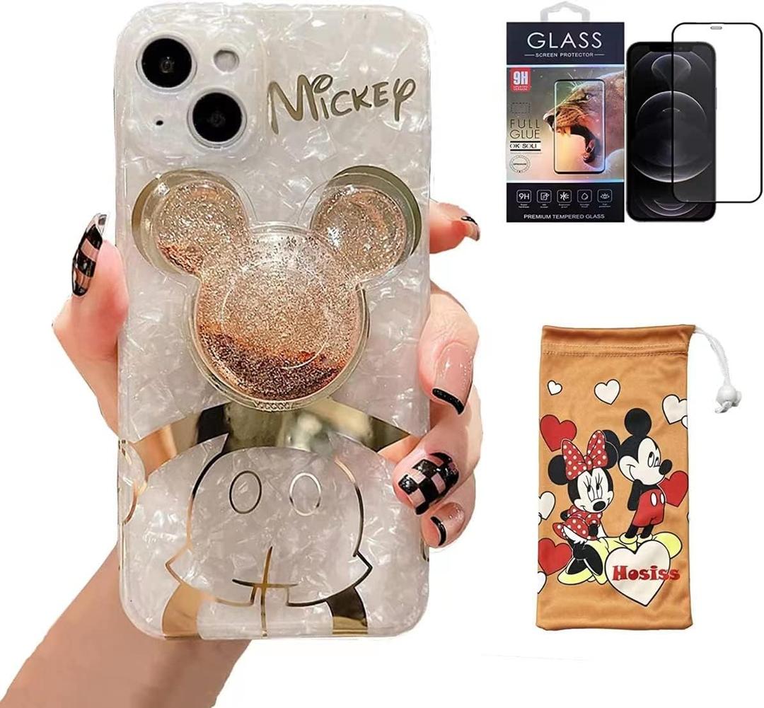 Cartoon Case for iPhone 14 Plus 6.7" with HD Screen Protector, Mickey Mouse with Quicksand Cell Phone Holder Strap Soft TPU Shockproof Protective for Girls Women