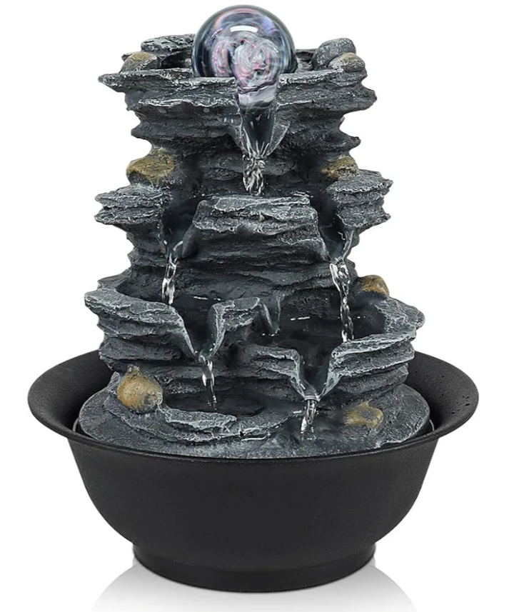 Tabletop Water Indoor Fountain Waterfall Indoor Water Fountains Feng Shui Zen Decorative Desktop Fountain with Colored Led Light and Spinning Ball for Room,Office(Style 1)