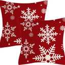 Winter White Snowflake Throw Pillows Farmhouse Decorative Throw Pillow Case Indoor Outdoor Cushion Cover Xmas Red Background Linen Pillowcase for Couch Living Room Bedroom 18 x 18 Inch Set of 2