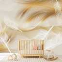 Gold and White Feather Wallpaper for Living Room BedroomNot Peel and Stick (160" x 106", Cybh-944)