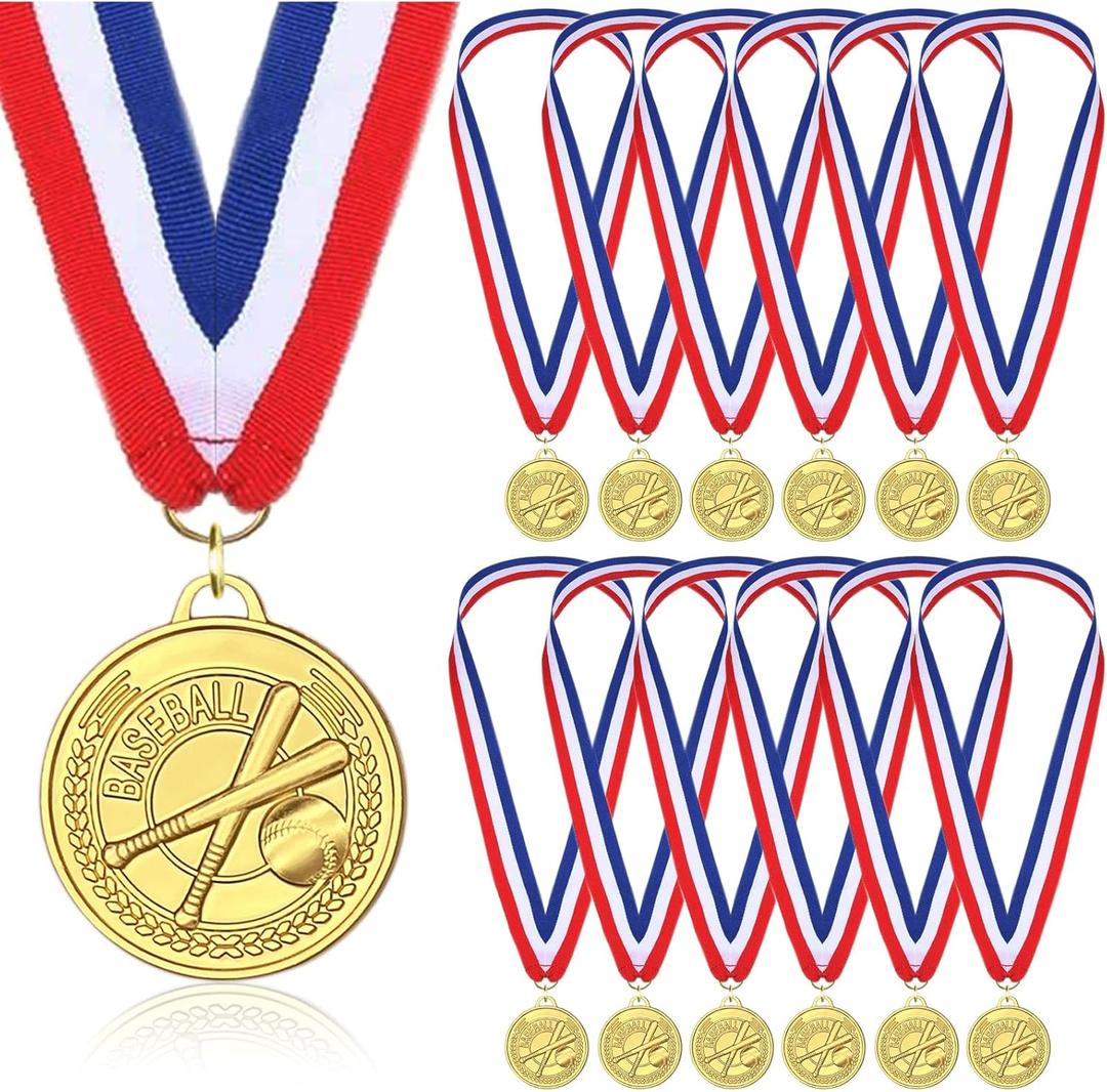 12 Pieces Gold Medals for Awards - Winner Medal Metal with Neck Ribbon Prizes for Kids, Adults, Sports Day, Spelling Bees, Competitions, Party, 2 Inches (Baseball)