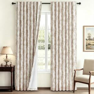 WOUVMA 100% Blackout Boho Floral Curtains Beige Floral French Country Curtains 84 inch Length Neutral Linen Curtain Vintage Bedroom Decor Set 2 Panels, 52"W x 84"L