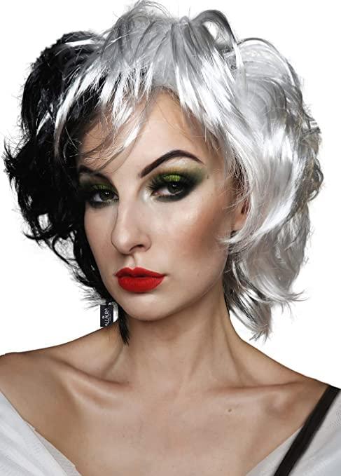 ALLAURA Wigs Cruella Costume Wig Black White Dalmation Cosplay Wigs Fits Women