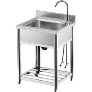 Free Standing Stainless-Steel Single Bowl Commercial Restaurant Kitchen Sink Set w/Faucet, Prep & Utility Washing Hand Basin w/Storage Shelve, laundry tub for Indoor Outdoor (22in)