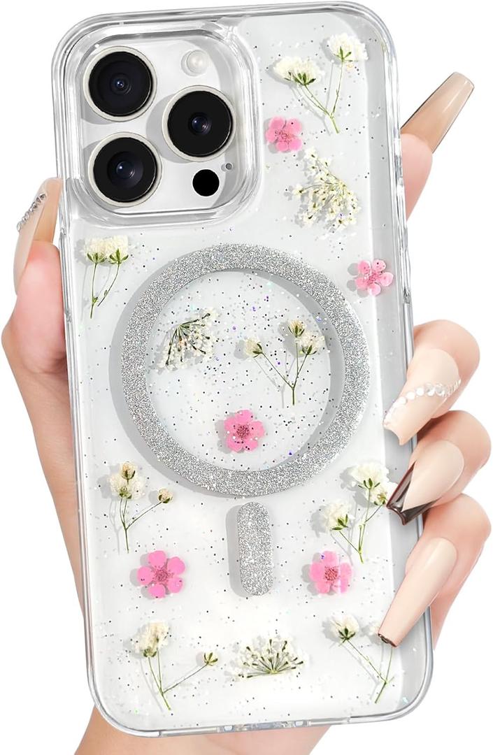 Loheckle for iPhone 16 Pro Case Women - Compatible with MagSafe Girls Cute Glitter Dried Flower Floral Girly Aesthetic Sparkle Unique Design Handmade Phone Cover for Apple 16 Pro 6.3", Fen