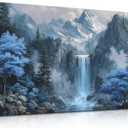 Blue Tree Forest Waterfall Wall Art Nature Landscape Canvas Print Painting, 40"L x 20"W