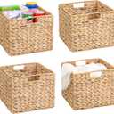 12x12x10 Water Hyacinth Storage Basket Large, Folding Cube Woven Wicker Storage Basket for Shelves, Pantry Baskets Organization and Storage, Large Rattan Basket Set of 4