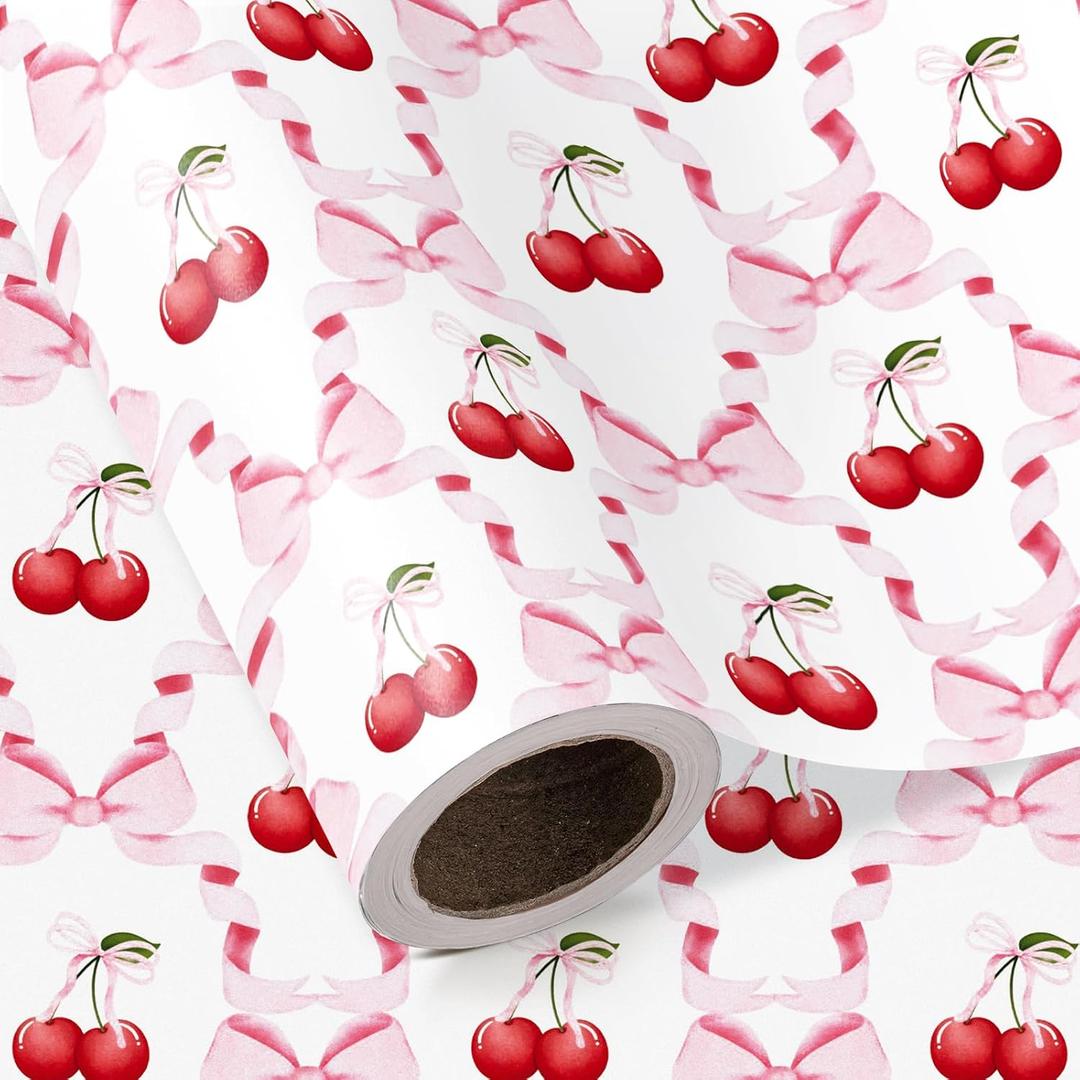 WRAPAHOLIC Cherry Bow Wrapping Paper Roll - Mini Roll - 17 Inch x 16.5 Feet - Coquette Cherry Bow Wrapping Paper Perfect for Girl Birthday, Valentine's Day, Bachelorette