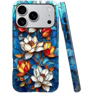 Case for iPhone 17 Pro,Fits Glossy Case Design for Girl Women,Lotus Floral Flower Stained Glass