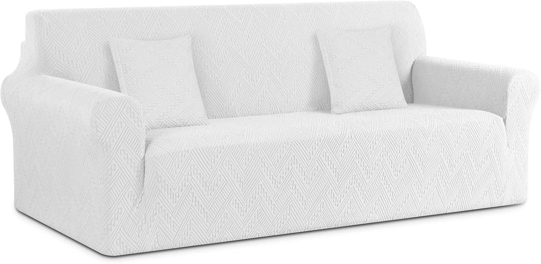 Ruaozz Stretch Sofa Cover 1 Piece Couch Covers for 3 Cushion Couch Non Slip Universal Sofa Slipcover Washable Soft Jacquard Furniture Protector with 2 pcs Throw Pillow Covers (3 Seater, Ivory)