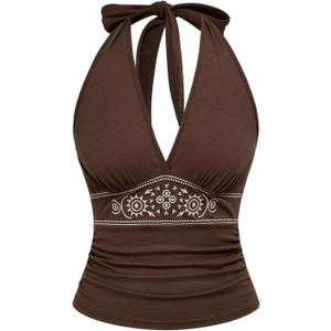 Women's Y2K Western Top Halter Cowboy Cowgirl Hippie Top Boho Ruched Going Out Backless Halter Tank 70s (Brown)
